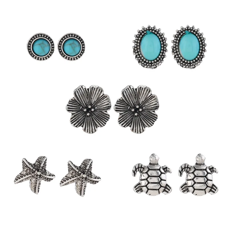 

Bohemian retro earrings silver flower starfish turtle earrings ladies birthday gift imitation stone inlaid earrings jewelry gift