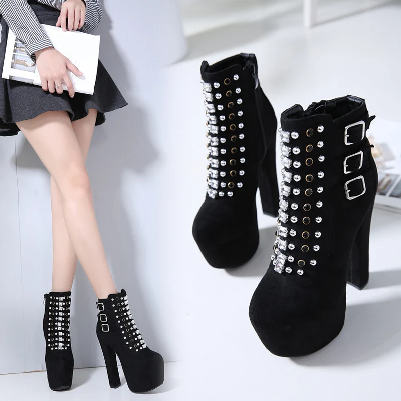 

2019 Women Size 40 Ankle Boots Female Suede 16cm Extreme High Heels Boot Lady Fashion Crystal Buckle Casual Black Platform Shoes