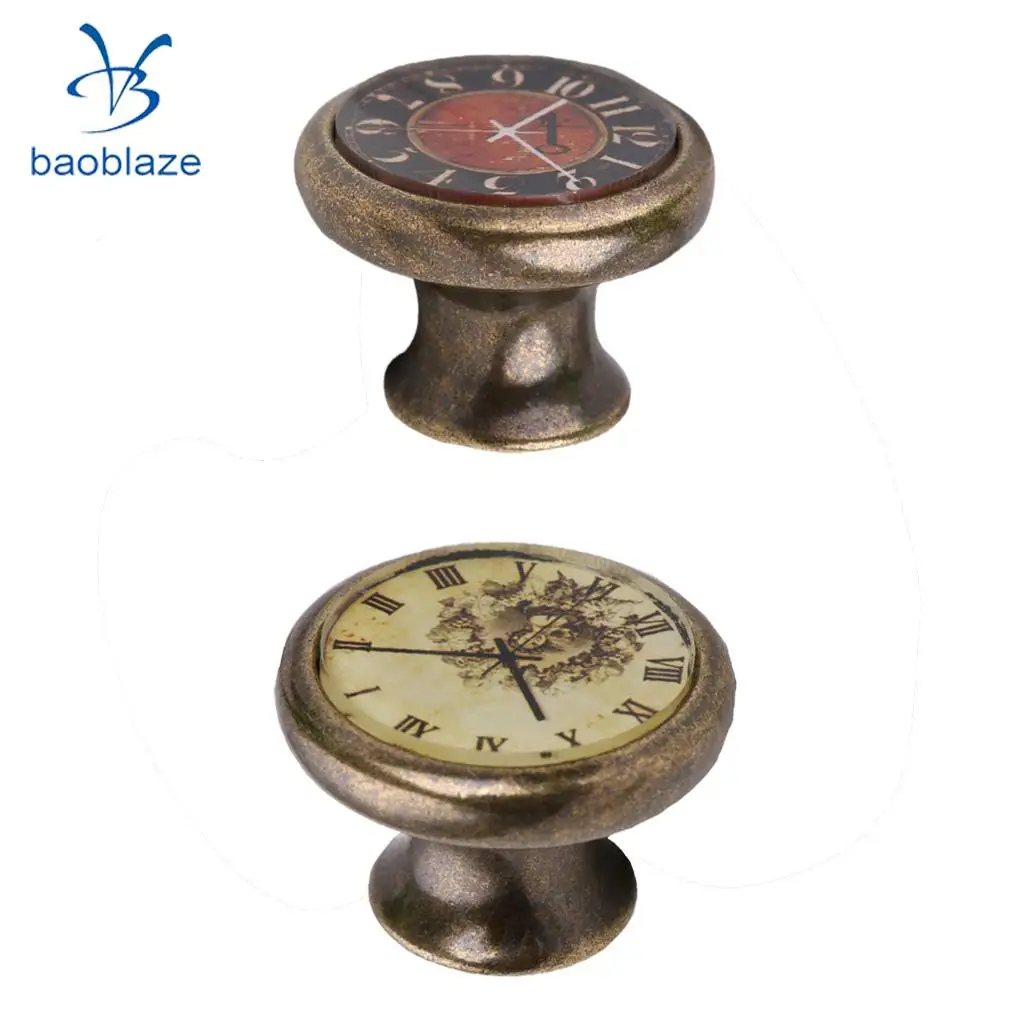 2 Pieces Vintage Brass Cabinet Drawer Round Pulls Wardrobe Cabinet Door Cupboard Knob Handle Clock Plate Pattern #1