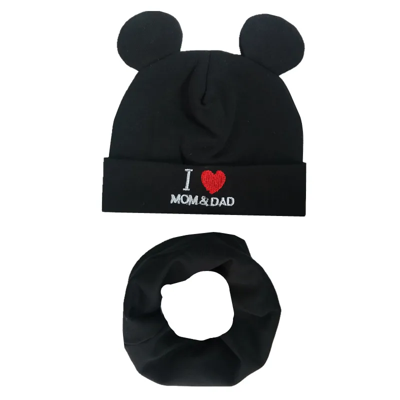 Весенне-Осенняя детская хлопковая шапка, шарф, комплект с принтом «Love Mom», шапки для мальчиков и девочек, нагрудники, детский шейный шарф, шапка, детские вязаные шапки, реквизит для фотосессии - Цвет: Black set