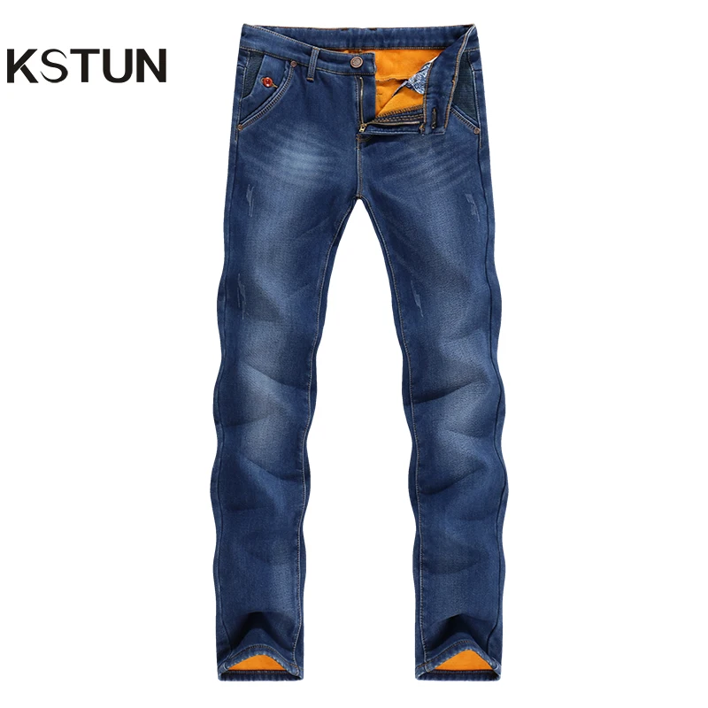 KSTUN Winter Warm Jeans Men Heat Insulated Black Blue Slim
