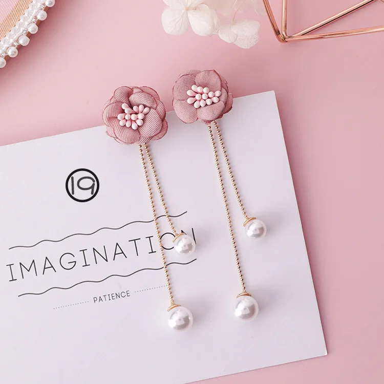 

iMucci Japanese Sweet Earrings Symmetry Pink Flower Fringed Tassel Pearl Temperament Long Fabric Jewelry Accessories