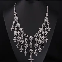 Exaggerated Fashion Style Tassel Black/silver Plated Big Skeleton Skull Cross Jewelry Crystal Women Necklaces Pendants