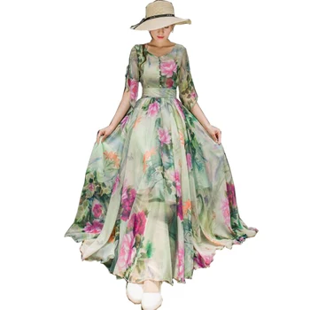 

2018 Summer Floral Long Chiffon Maxi Dress Large Plus Size Celebrity / Graduation Ceremony / Dinner Dress Beach Dresses YM427
