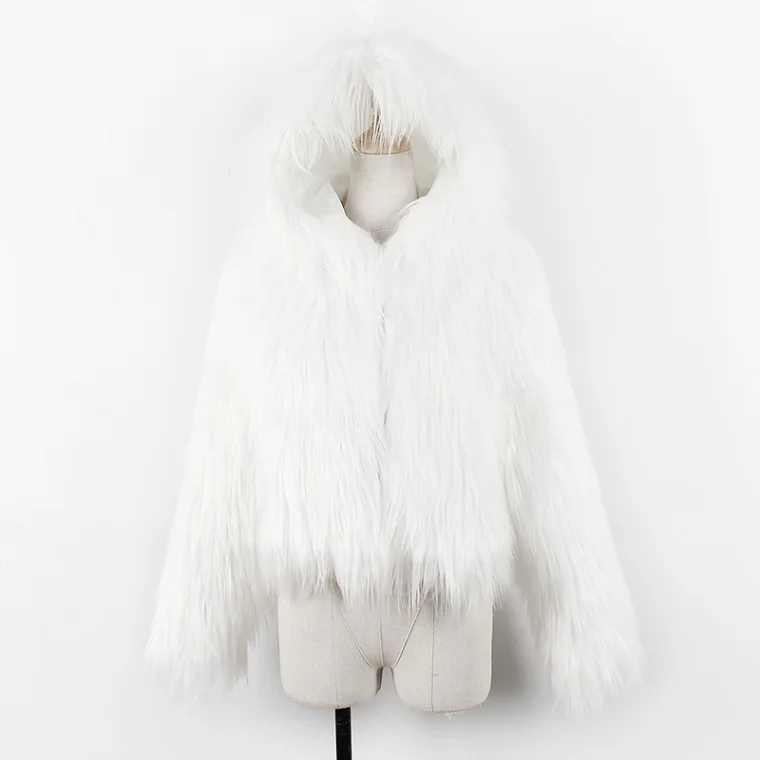 Модное женское зимнее пальто из искусственного меха с капюшоном, пушистая Меховая куртка с длинным рукавом, вечерние уличные куртки, верхняя одежда, manteau femme hiver - Цвет: Белый