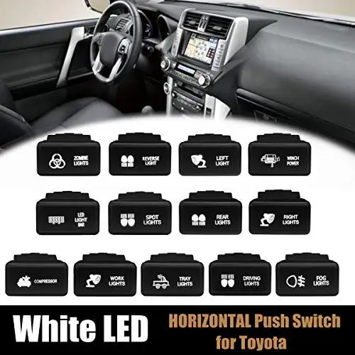

12V Push Switch 5 Pin On Off Button Laser Connector Wire for Toyota Prado HiAce Hilux Landcruiser 1998-2013 horizontal symbol