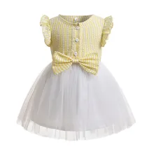 Милое платье для маленьких девочек от 1-6 лет кружевные платья принцессы без рукавов из чистого хлопка с бантом для девочек, летнее праздничное платье в стиле пэчворк желтого цвета