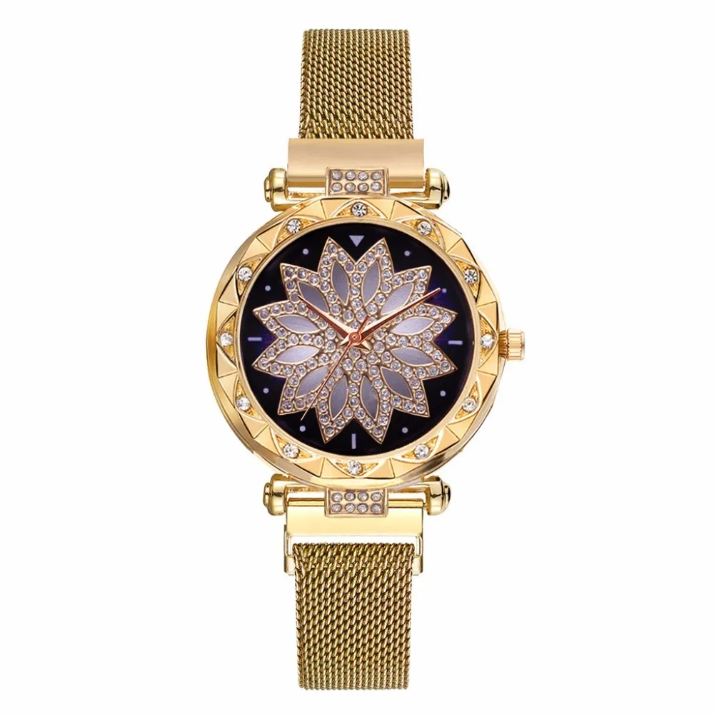 Модные женские туфли с магнитной пряжкой Lucky цветок часы Роскошные женские Стразы кварцевые часы Relogio Feminino дропшиппинг - Цвет: gold