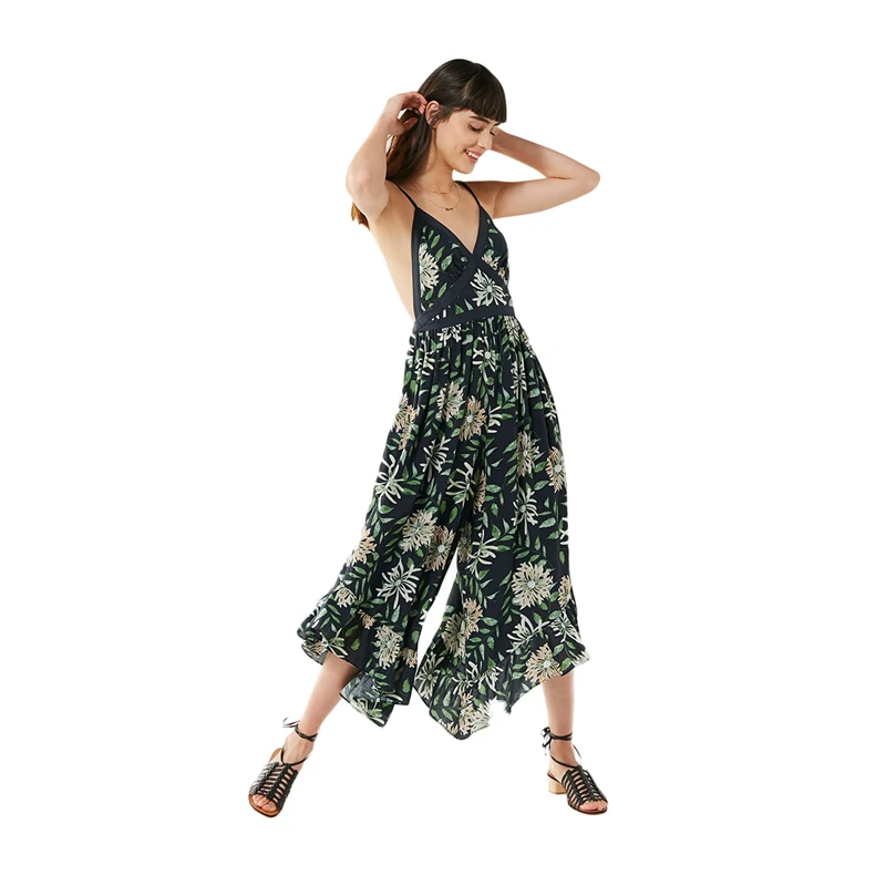 Dark green floral print bralet print wide leg jumpsuits women ladies summer sexy open back