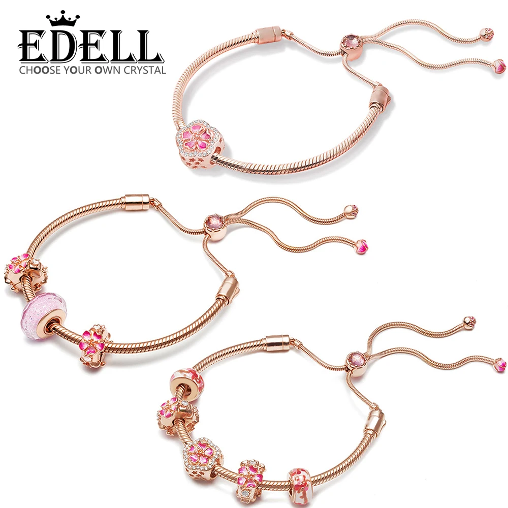 

EDELL 100% 925 Sterling Silver Romantic Peach Strings Bracelet Gift Set Rose Gold Retractable Fashion Good Jewelry Original