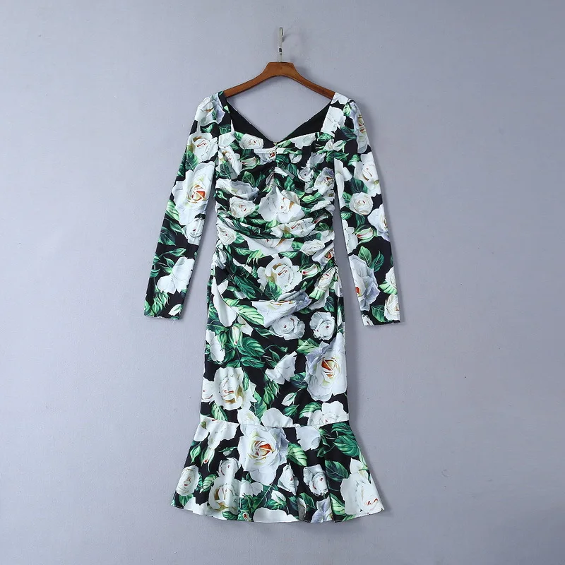 

Women sexy square collar Trumpet / Mermaid dress 2019 autumn floral print long sleeves dress A429