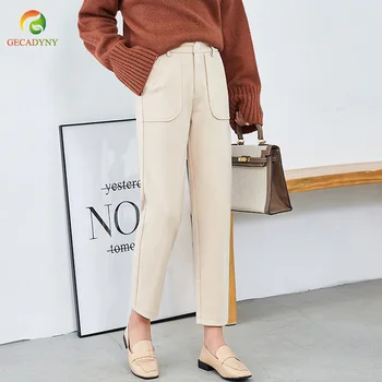 

Autumn Winter Leisure Warm Woolen Pants Female Fashion Solid Color Gray Black Apricot Harem Pants Casual Pockets Capris S-3XL