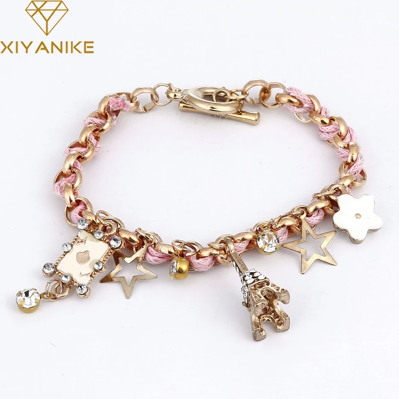 

New Arrival Fashion Rhinestone Bow Stars Flowers Heart Poker Leather Rope Bracelets For Women Wholesale Jewelry XY-B241
