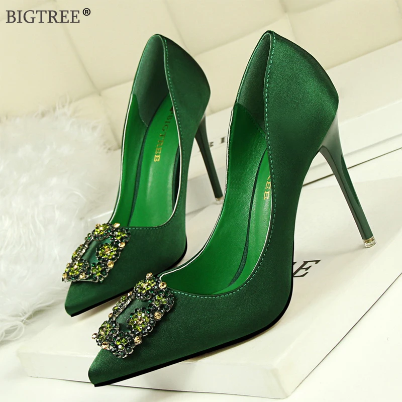 Women high heels 2019 new shoes Square crystal pumps Glitter Rhinestone solid silk party shoe pointed toe thin heels elegant