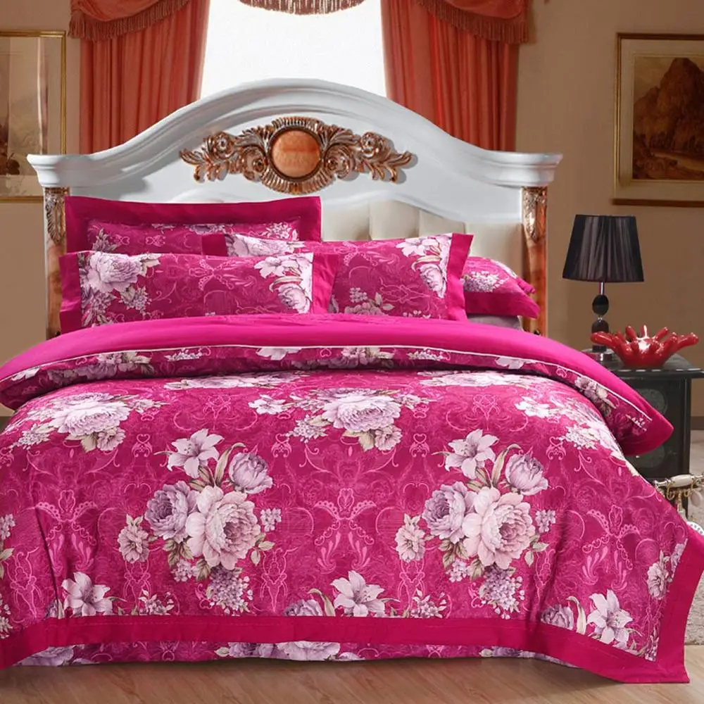 

2019 Floral Rose Pink Flowers Jacquard Silk Cotton Bedlinens Queen King Size Duvet Cover Set Bedsheet Pillowcases