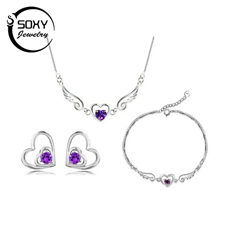 

SOXY Silver jewelry!100% Silver 925 AAA Jewelry Sets for Women Heart Necklace+Earring+Bracelet Solid Silver For Female