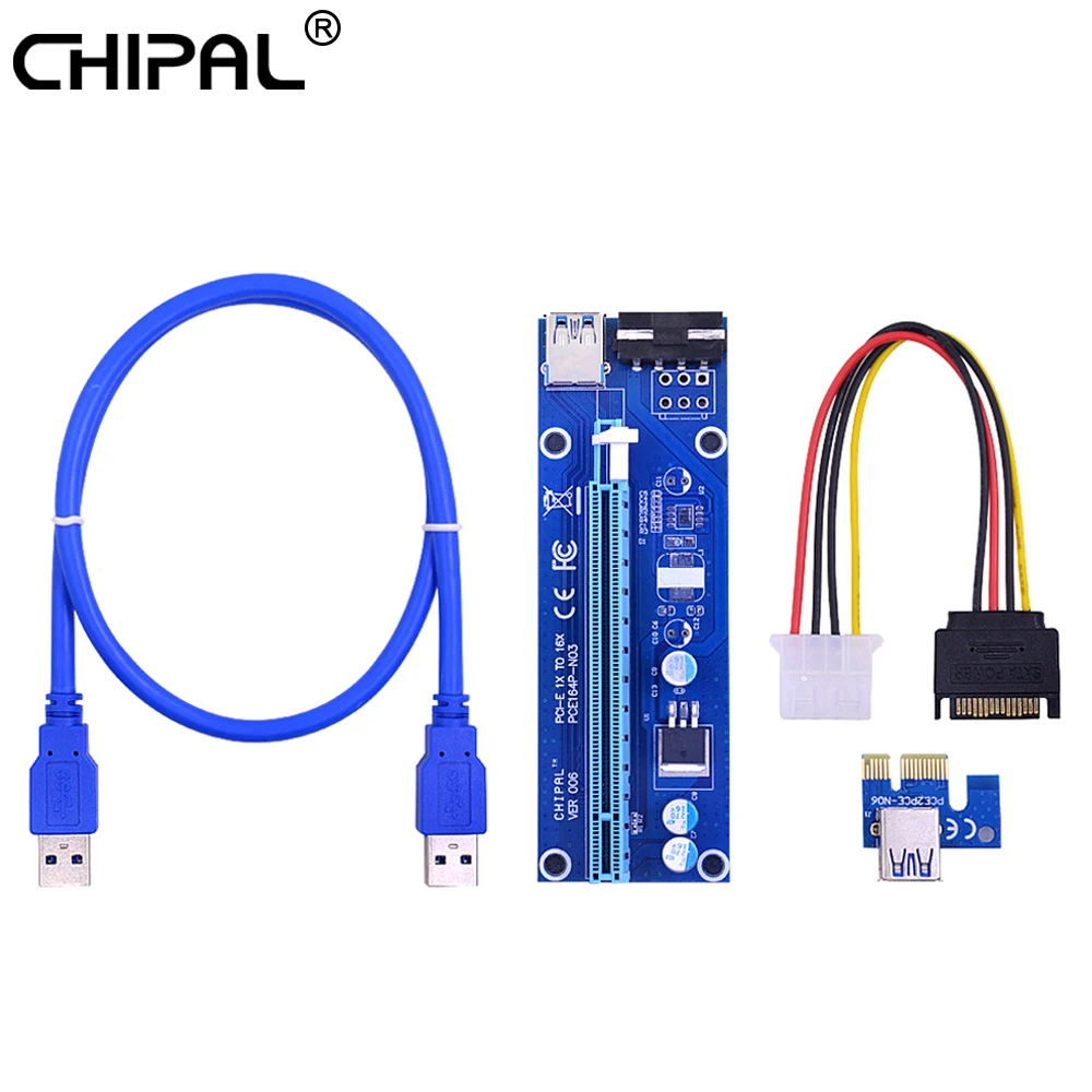 

CHIPAL VER006 PCI-E Riser Card PCI Express PCIE 1X to 16X Adapter 60CM USB 3.0 Cable SATA 4Pin Molex for Mining Bitcoin Miner