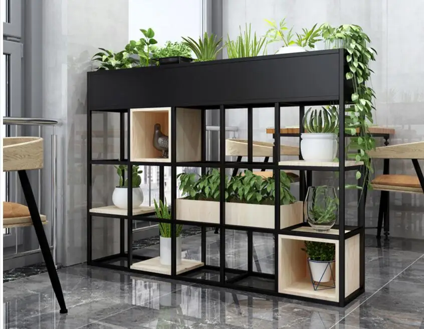 New American iron art shelf low lattice shelf floor bookshelf green flowers shelf restaurant cafe partition screen
