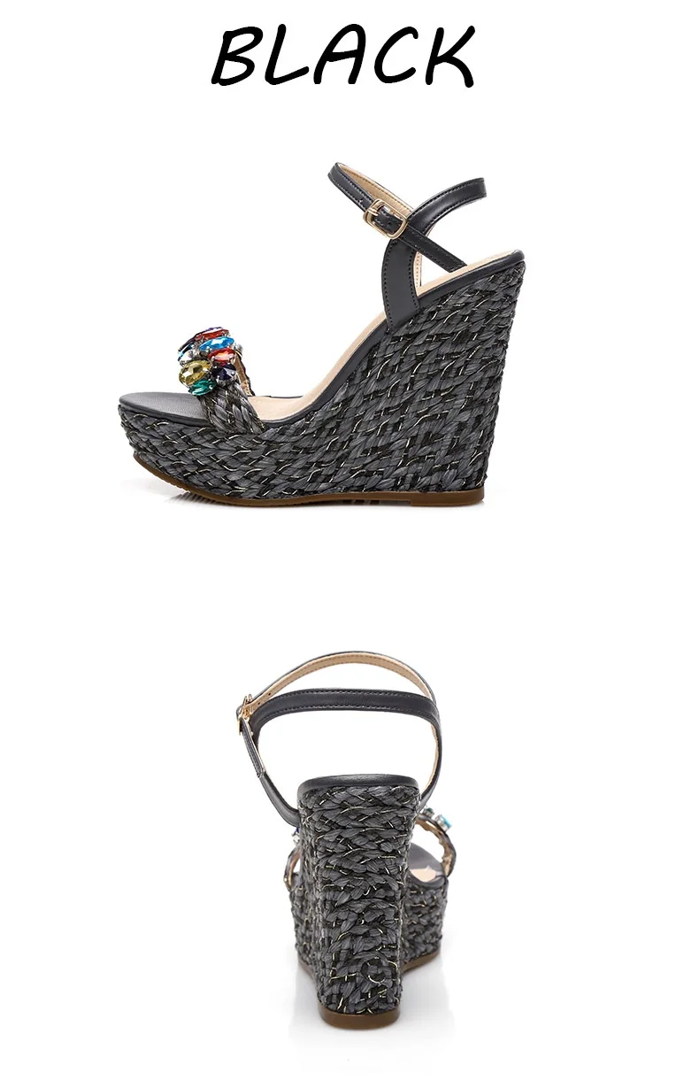 21_Summer Womens Black Buckle Sandals Fashion Elegant Silver Rhinestone Shoes Wedding Bridal High Heel Platform Wedges