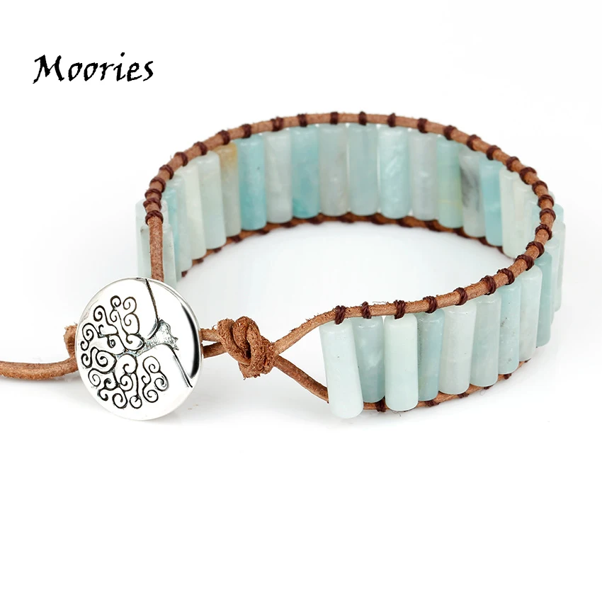 Moories Natural Stone Wrap Leather Bracelet Copper Buckle Women's