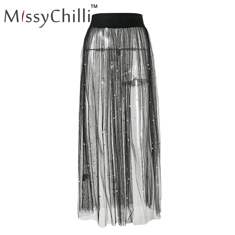 MissyChilli Прозрачная сетка черная юбка прозрачная бисер Сексуальная юбка-пачка юбка с завышенной талией для девочек Для женщин жемчужные вечерние Клубные юбка Макси-тюль