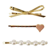 3 шт./компл. сладкие девочки боковые удары Заколки для волос металлик Геометрическая бантом Сердце Имитация шпильки с жемчугом школьные заколки