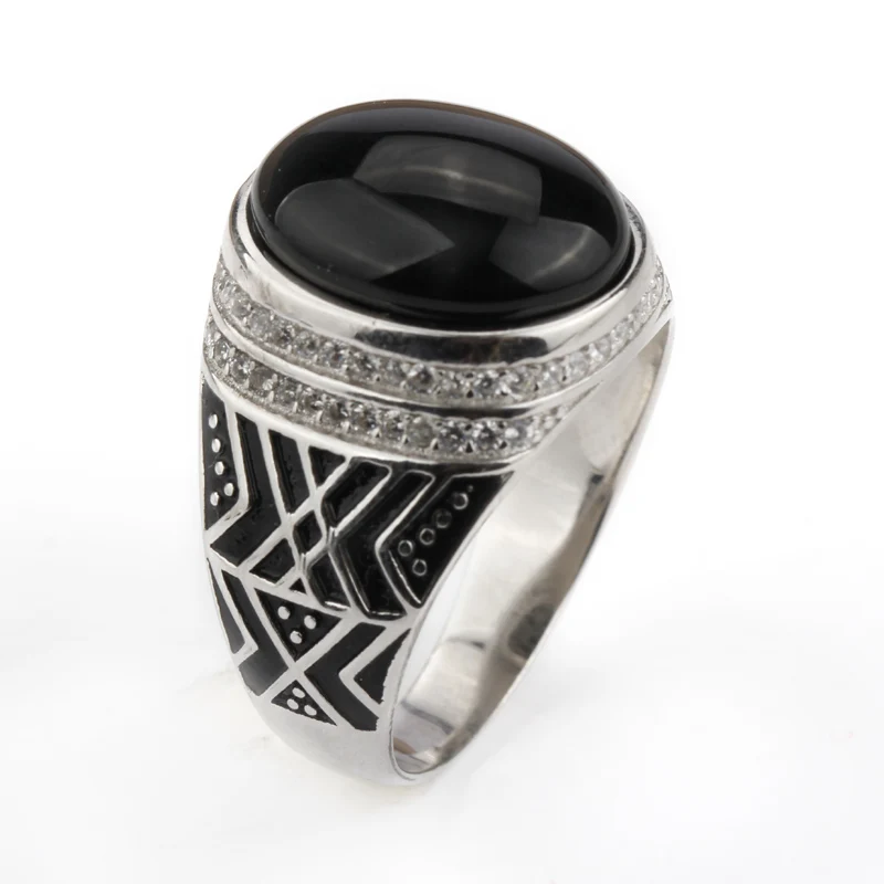 925 пробы Серебряное мужское кольцо многоцветный агат большой натуральный камень с прозрачным CZ для мужчин новая мода хорошее ювелирное изделие - Цвет камня: Black