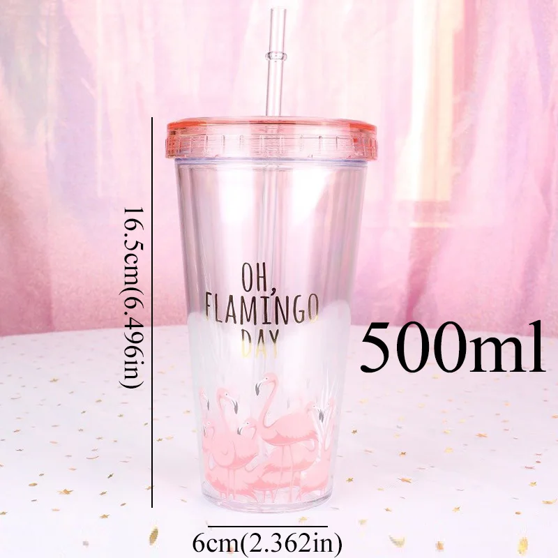 500mlC176many birds 500 мл Фламинго пластиковые чашки с соломинкой милый мультфильм контейнер для напитков с двойными стенками кофе чай молоко сок вода чашки креативный подарок - Цвет: 500mlC176many birds