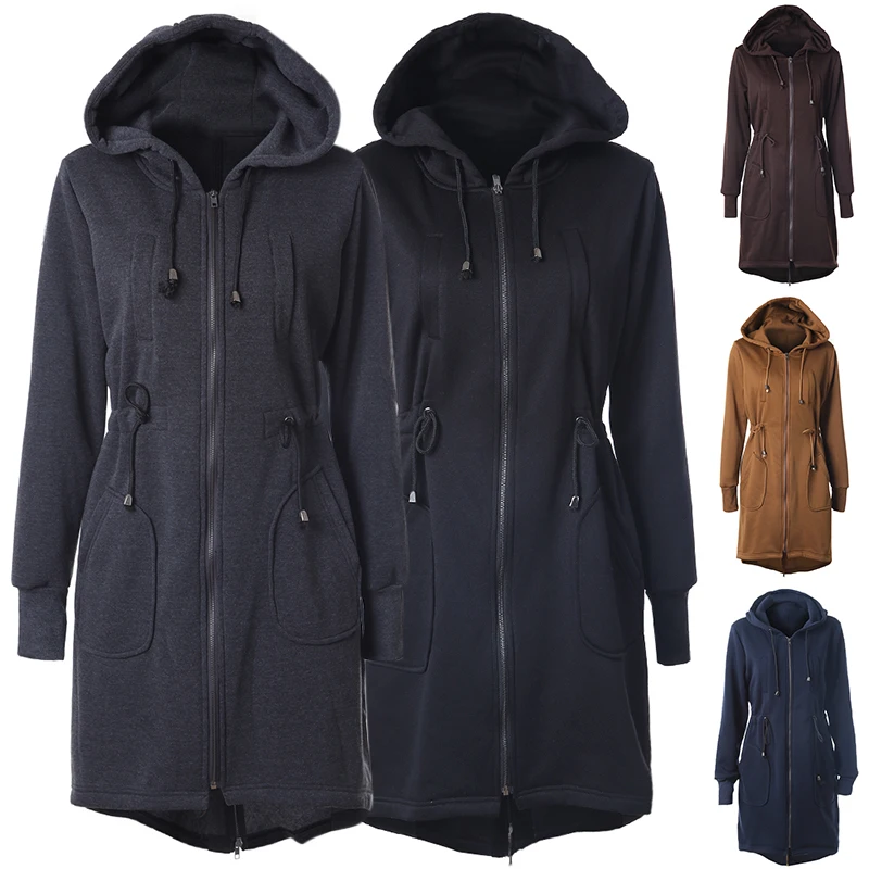 Womens Drawstring Hooded Coat Jacket Ladies Warm Zip Pocket Long Outerwear Parka