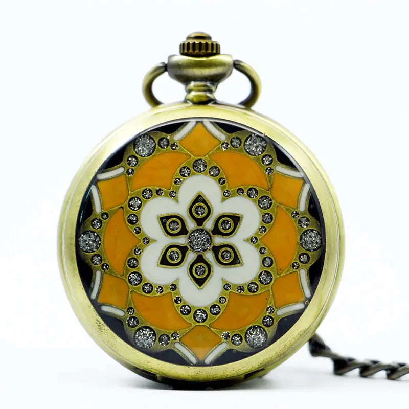 Новое поступление, модные Механические карманные часы с цветком, эмалью, желтым, зеленым, нефритовым кристаллом, ожерелье, подвеска на цепочке, женские часы - Цвет: Цвет: желтый