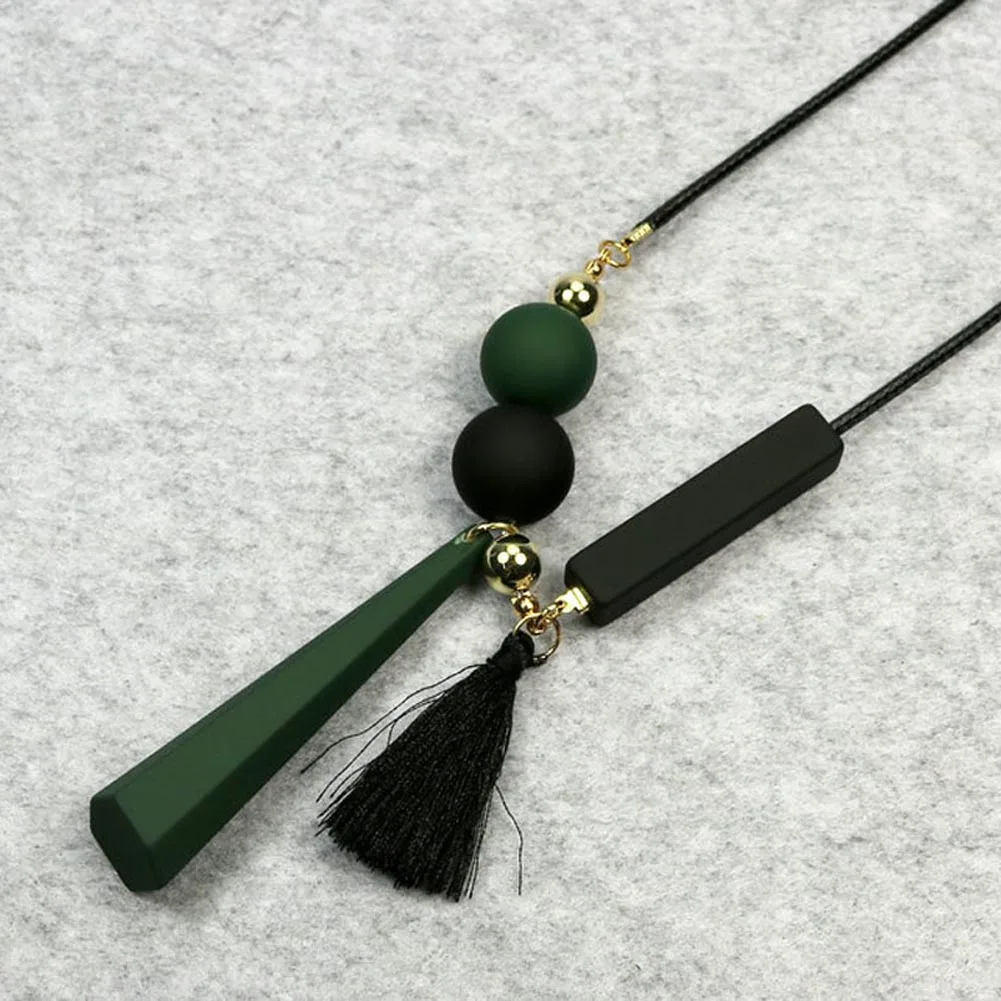 

Women Leather Tassels Long Necklaces Sweater Chain Cute Mixed Colors Geometric Squares Pendant Necklaces collares mujer kolye
