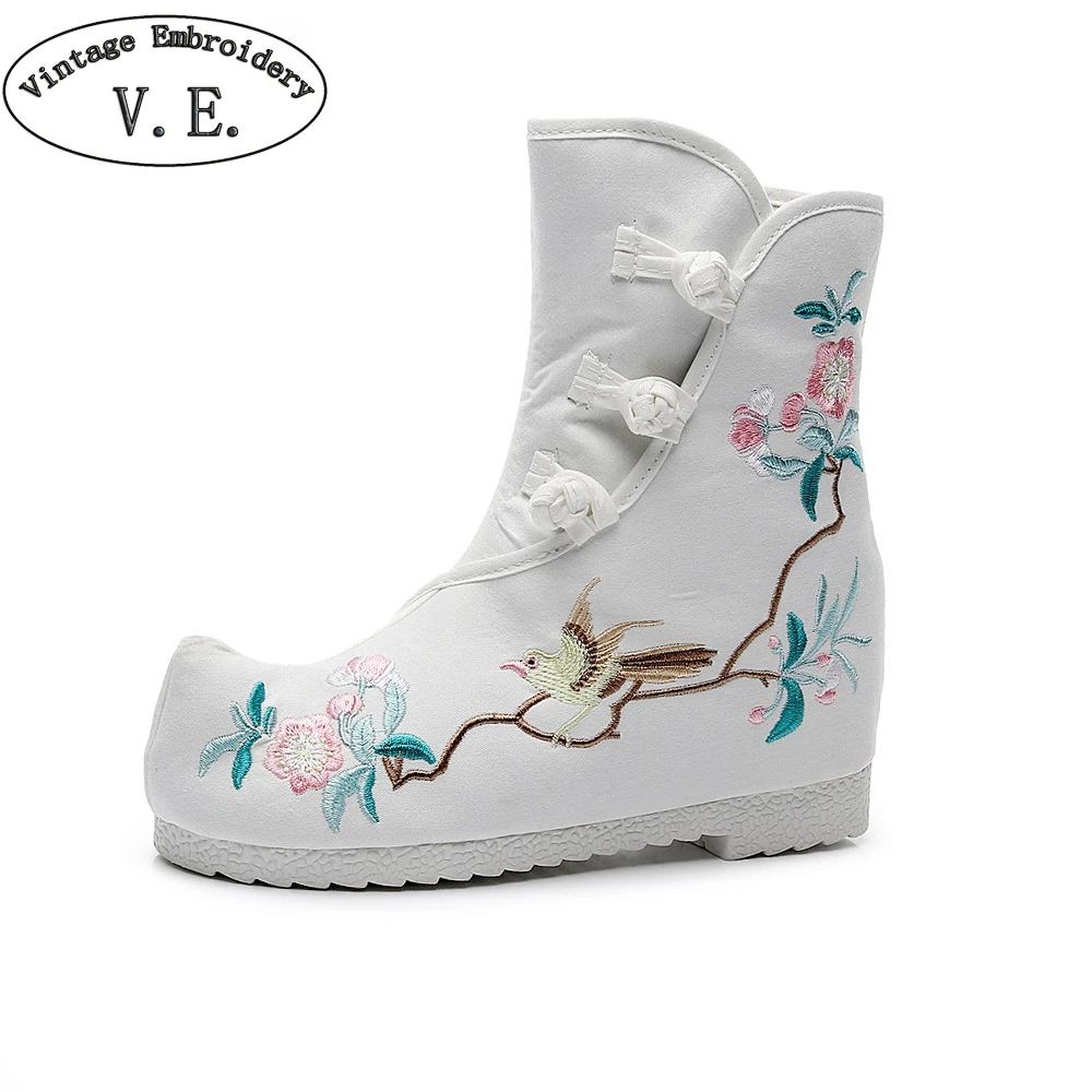 

Bird Embroidered Women Canvas Mid-calf Boots Nose Toe Hidden Wedge Heels Ladies Comfort Booties Vintage Hanfu White Boot Shoes