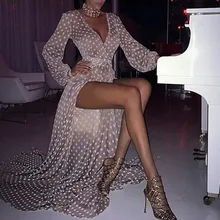 Robe longue à manches longues pour femmes, robe Sexy à manches longues, col en v, avec Perspective, avec pois, #1