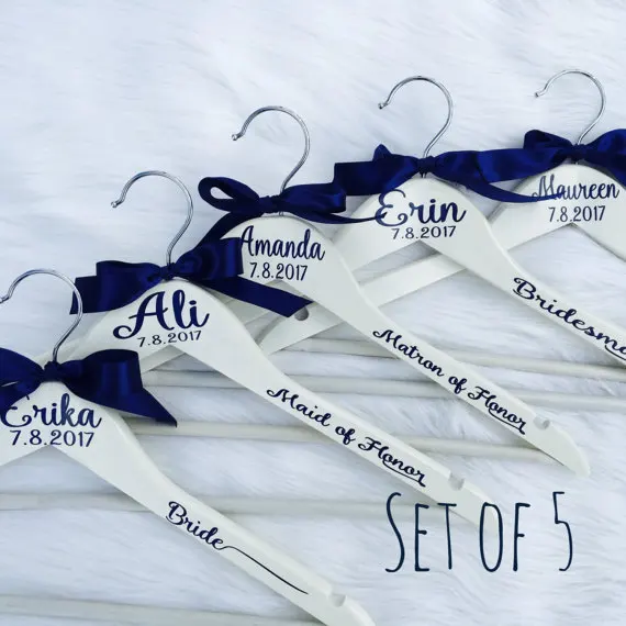 Set of 5 custom wedding bridesmaid dress hangers with names Bridal