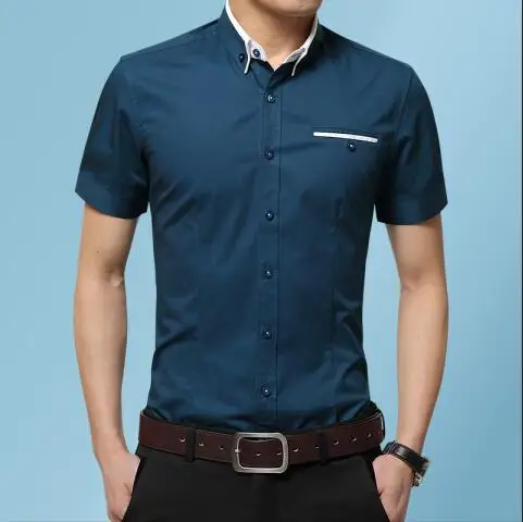 Разноцветная Мужская рубашка с коротким рукавом, летняя мужская рубашка азиатского размера, облегающие мужские рубашки - Цвет: zuan lan