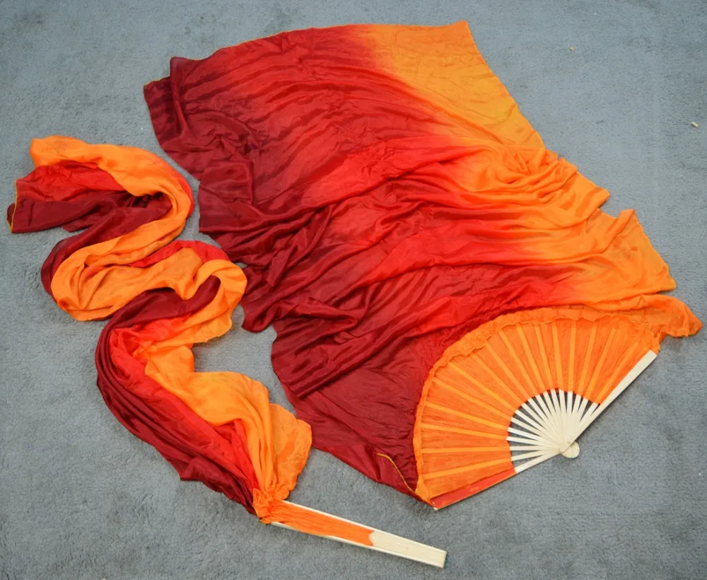 

High selling handmade women Quality Silk Belly Dance Fan Dance 100% Real Silk Veils 1 Pair Maroon +red +orange