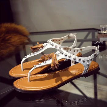 

2019 summer women's sandals fashion design exquisite rivet decoration full real leather material flat sandals women's shoes