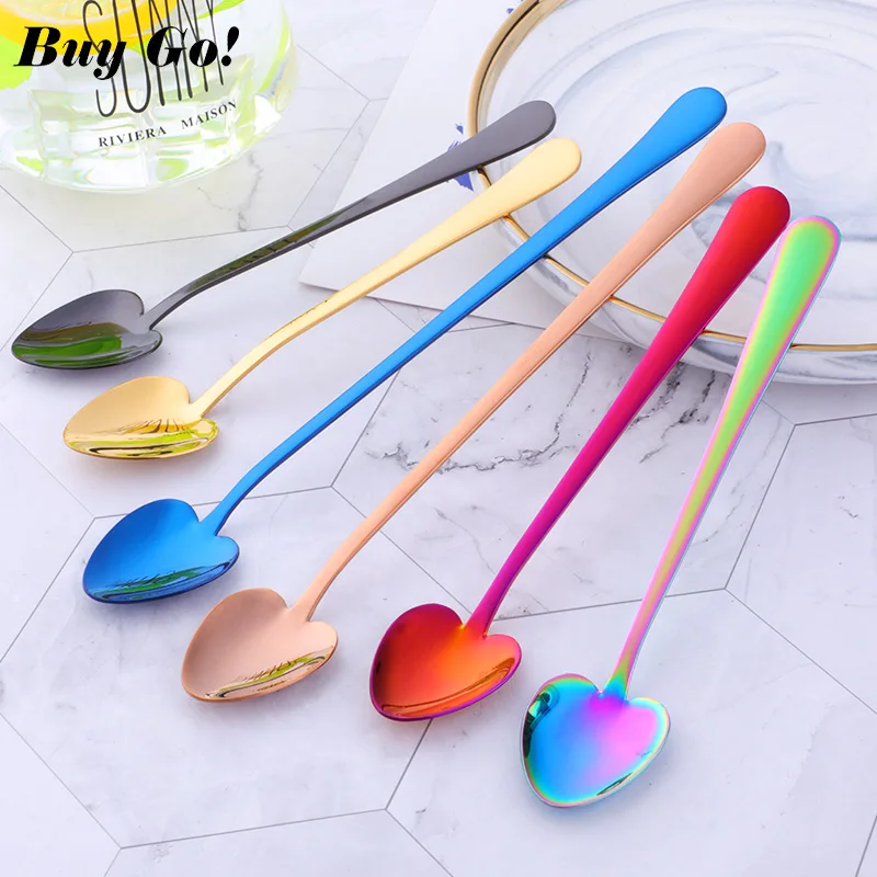 

Creative Heart Shape Tableware Spoon Silver Stainless Steel Gold Coffee Tea Spoons Dessert Ice Cream Flatware Kitchen Cafe Tools