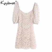 Винтажное стильное узкое мини-платье в горошек для женщин модное приталенное женское платье с пышными рукавами на молнии сзади vestidos mujer