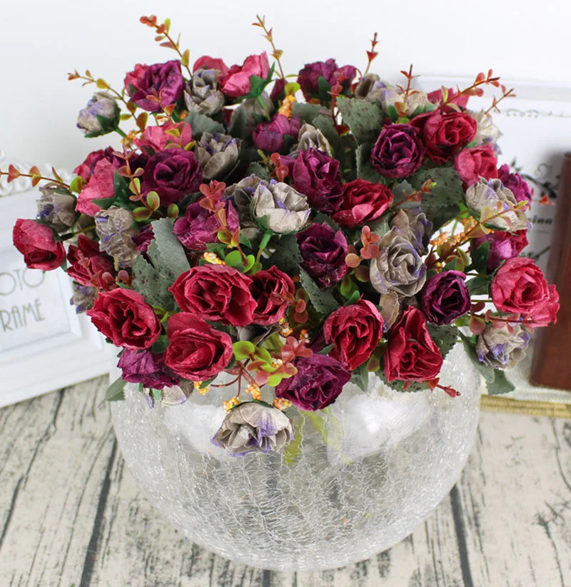 Flone Artificial Silk Rose Bouquet Fake Flowers Home Wedding Display Flower European Rose Small Bouquet Party Decoration (21)