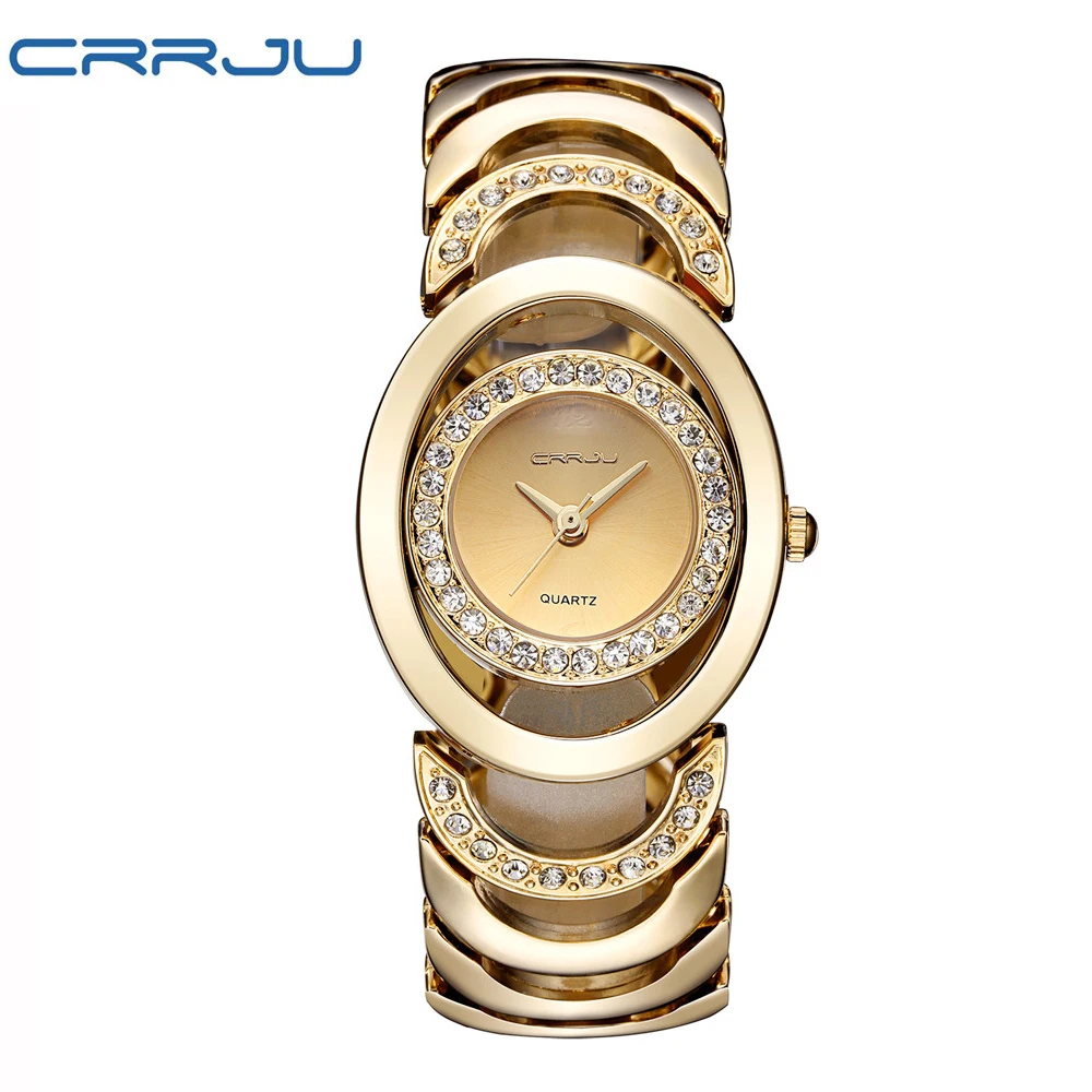 CRRJU модные женские часы золотые Стальные кварцевые часы из сплава женские водонепроницаемые Роскошные наручные часы со стразами Relojes