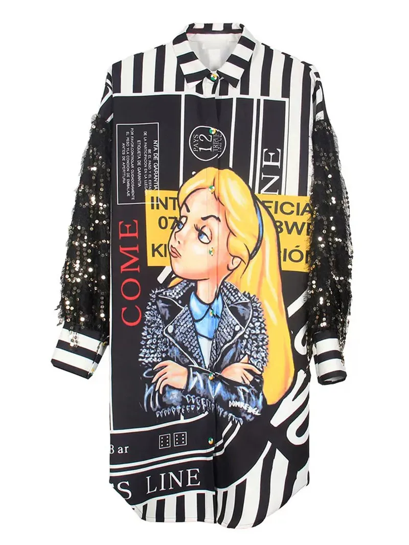 

2019 Summer New Cartoon Sequin stitching Shirt Female long loose long-sleeved shirts cardigan Sun protection clothing woman X862
