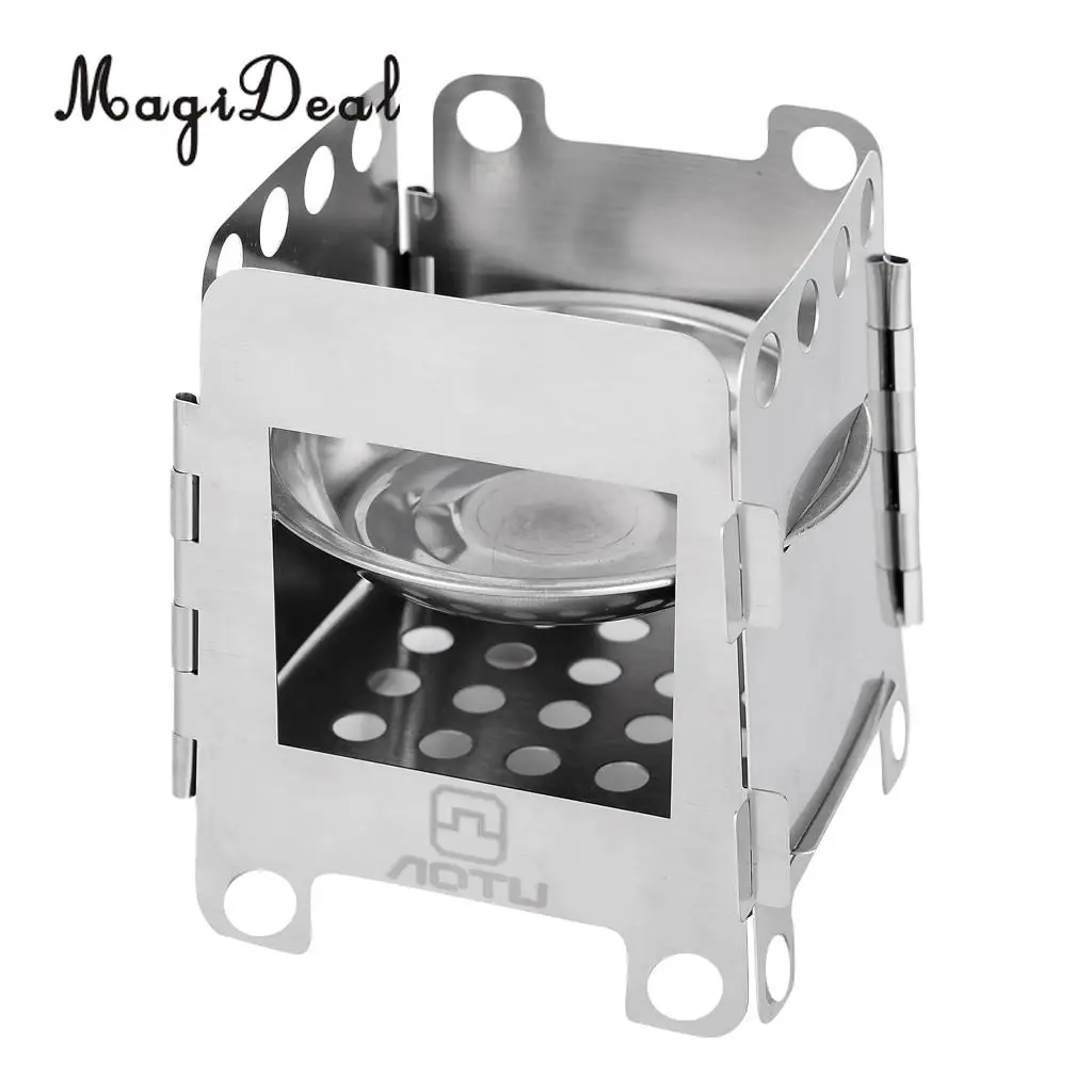 MagiDeal Camping Stove Stainless Steel Folding Wood Stove Alcohol Burner Pocket Compact Foldable Stove Outdoors Small Tools