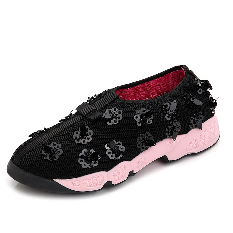 

2019 Summer Handmade Diamond Mesh Embroidery Flats Sequin Flower Heavy-bottomed Shoes For Women