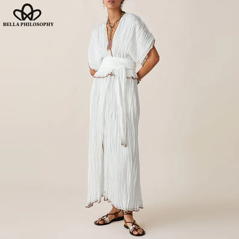 

Wonder Summer Short Batwing Sleeve Dress Vintage Sashes Female Elastic Long Dress Casual Patchwork Lady Loose Dress 2019 new