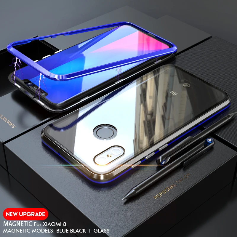 NYFundas Magnetic Adsorption Case For Xiao mi 8 Clear Tempered Glass + Built-in Magnet Case For Xiaomi 8 Metal Ultra Cover Back (10)