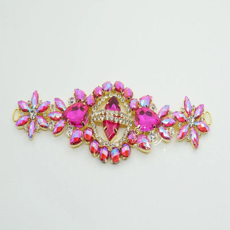 1 pcs Flower shape rose pink Costume Wedding Dress Applique Crystal Rhinestone Sewing On(K9042