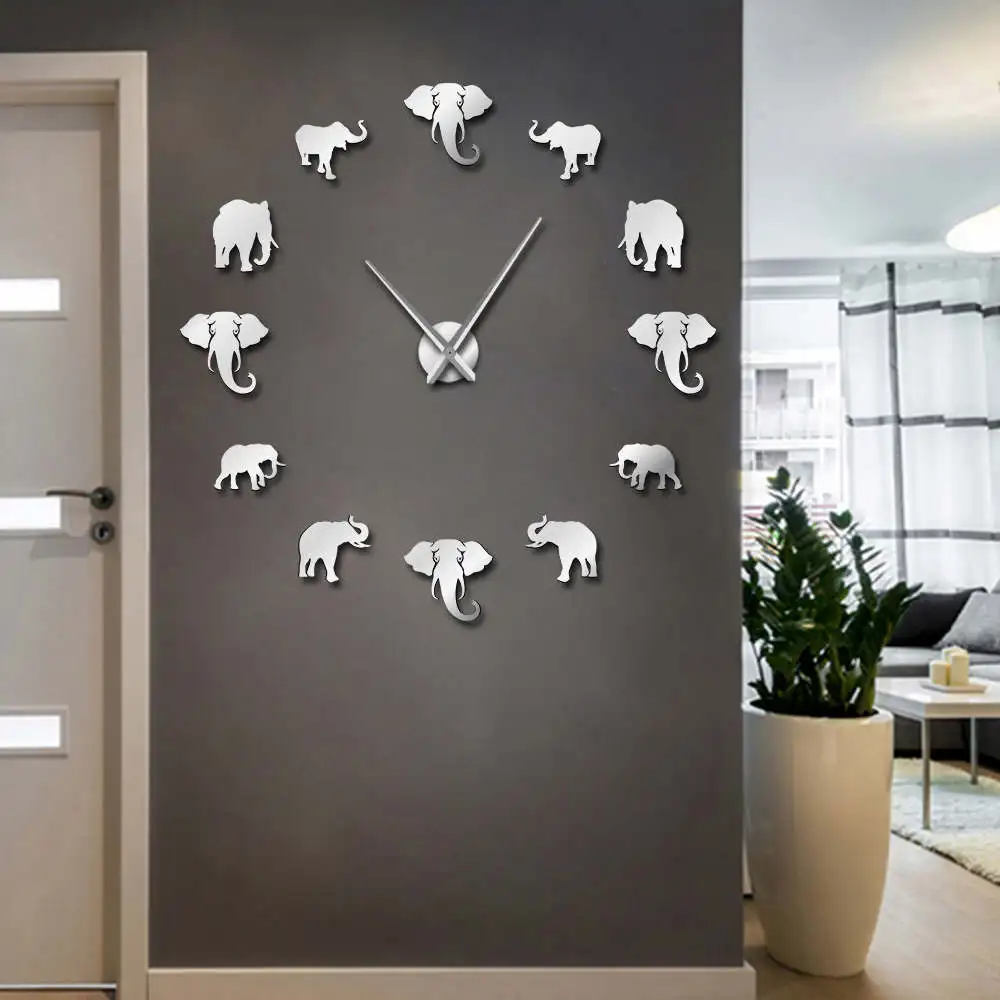 Jungle Animals Elephant DIY Large Wall Clock Modern Design Mirror