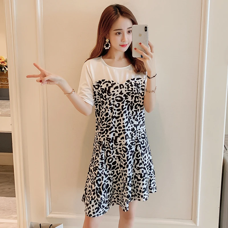 

Short Sleeve O-neck Maternity Nursing Clothes Leopard Printing Patchwork Chiffon Postpartum Women Breastfeeding Dress Nursing