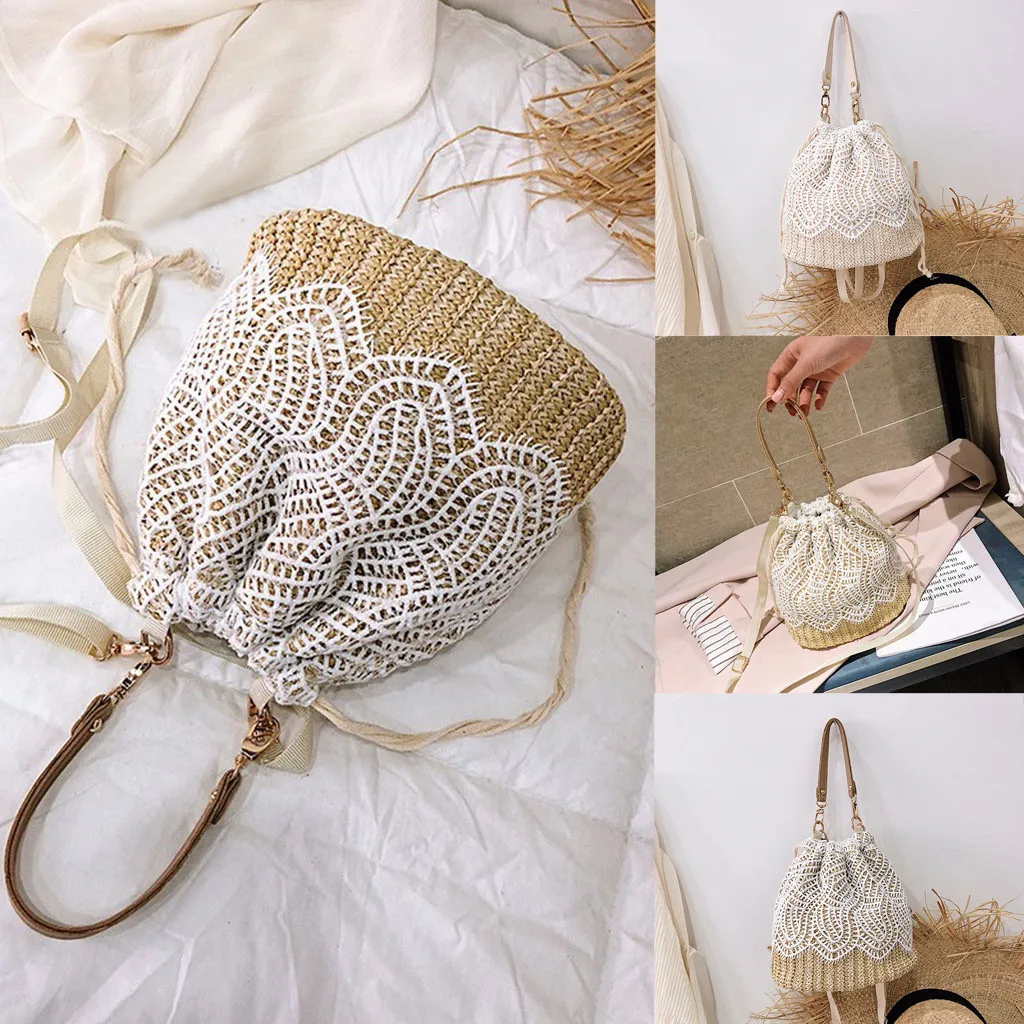 

Women's Messenger Bag Lace Hollow Out Shoulder Bag Solid Color Handbag Woven Beach Crossbody Bag Pochette Femme Sac 2019